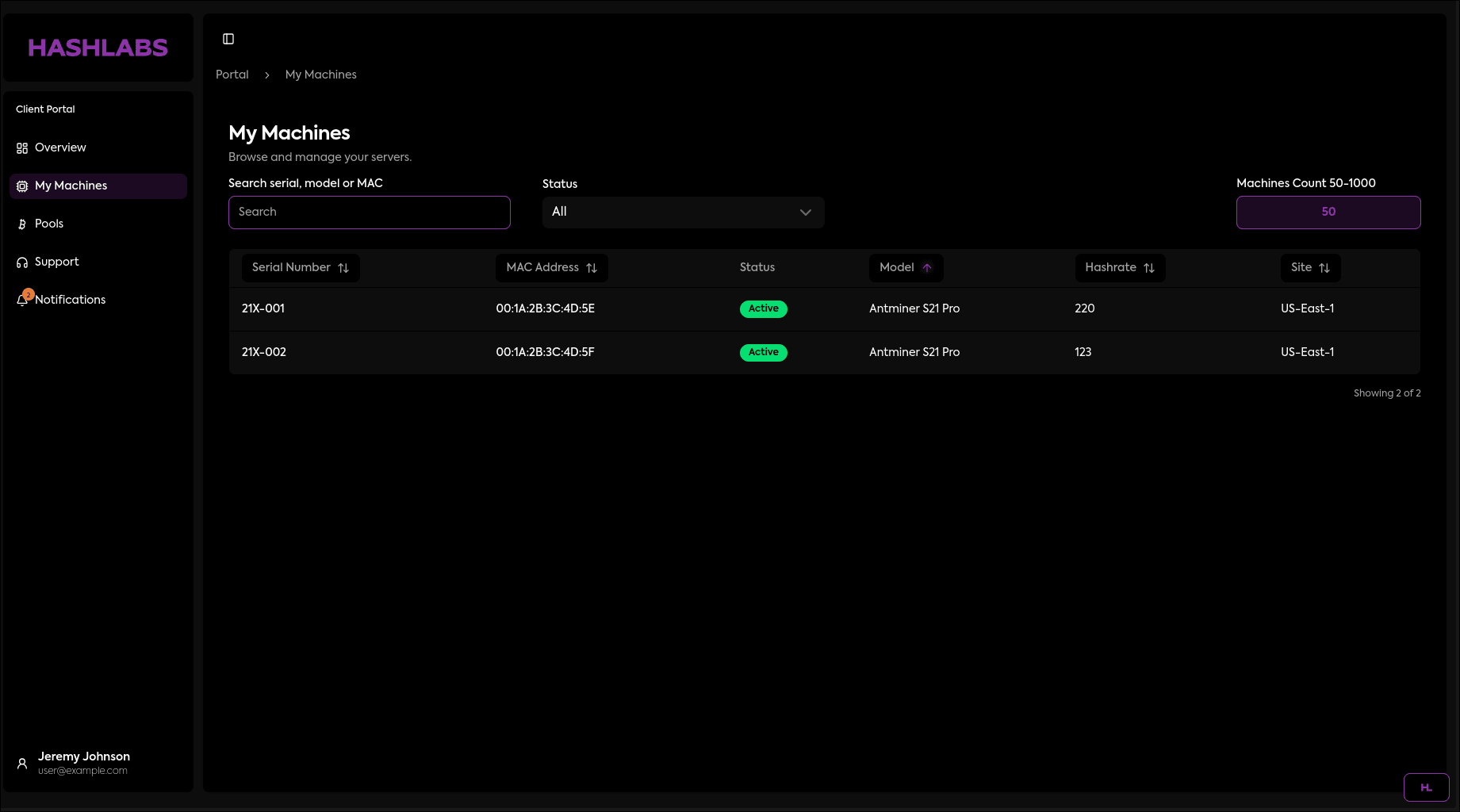 Hashlabs Client Portal My Machines