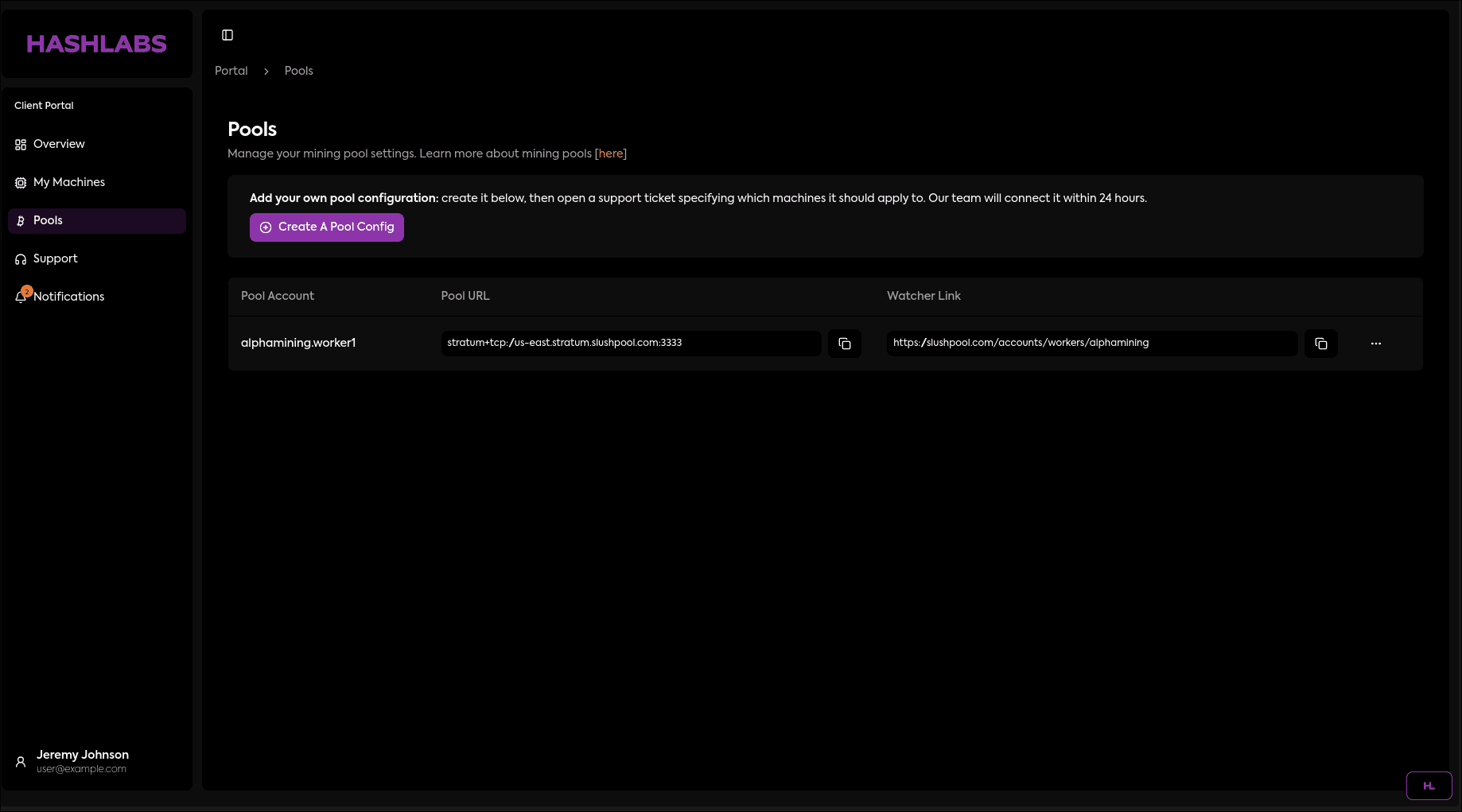 Hashlabs Client Portal Pools
